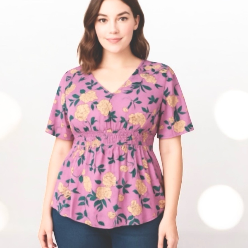 NWT! Floral V-Neck Wide Smock Elastic Waist Top Size 14-16 or 1X
